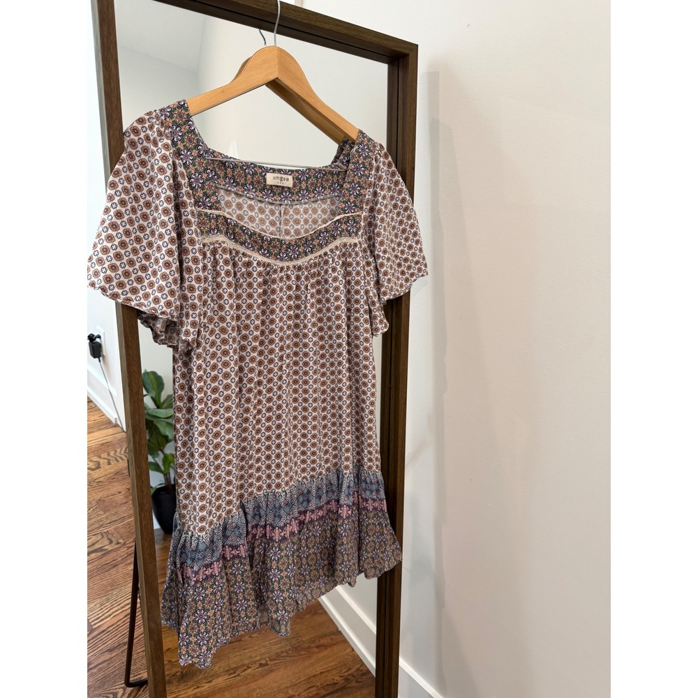 Umgee USA Women Multi Floral Geometric Square Neck Boho Tunic Top Medium K3215
